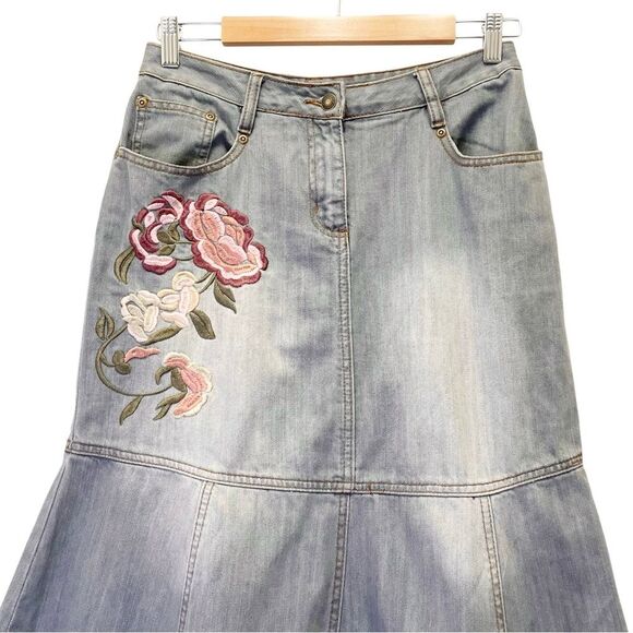 Vintage Jeanology Denim Maxi Skirt Boho Embroidered Mermaid Hem Gray Wash Size 4 - Picture 4 of 11